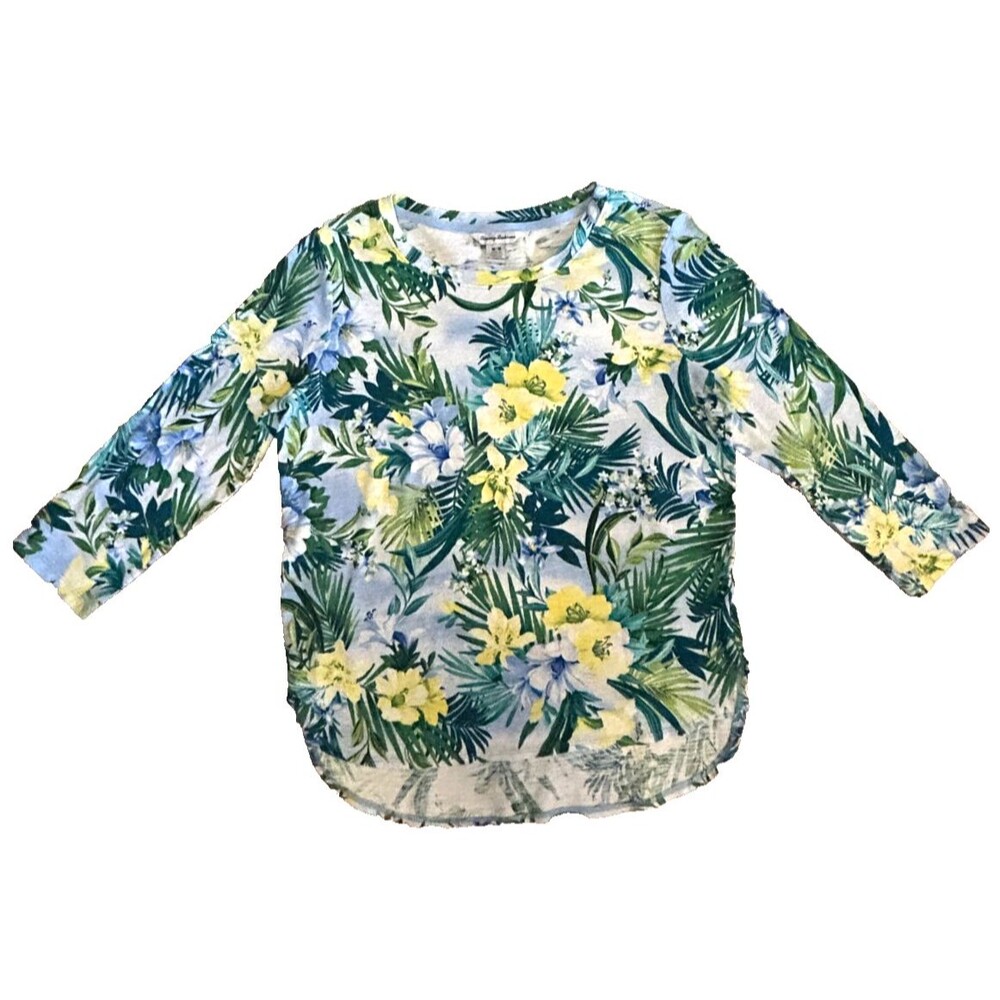 Tommy Bahama Womens Tropical Floral Knit Top Sz M 3/4 Sleeve Cotton Island Style - Picture 2 of 6